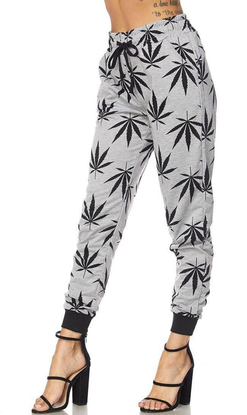 Gray Classic Weed Print Drawstring Joggers - SohoGirl.com